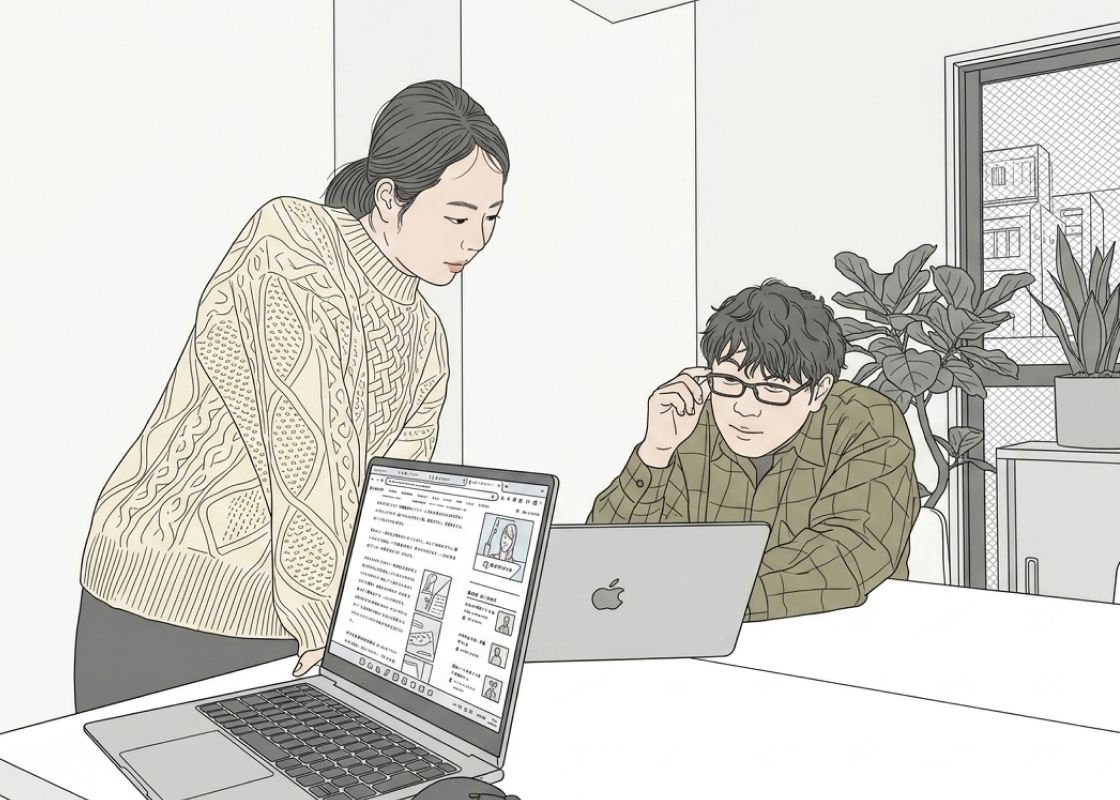 デスクで打ち合わせをしているスタッフ