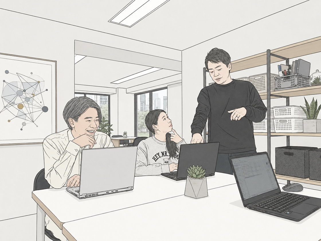 資料を見ながら打ち合わせをしているスタッフ